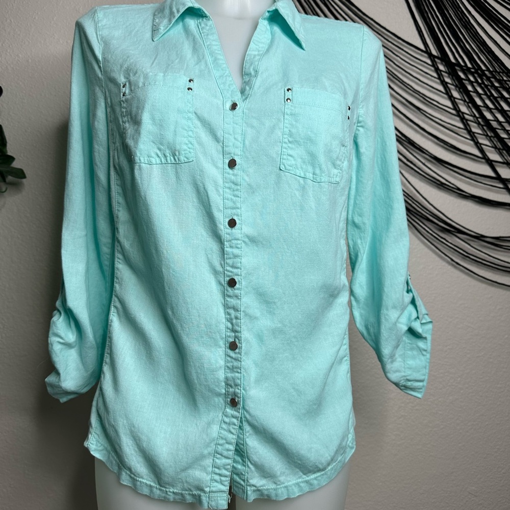 Linen Aqua Button-Up Shirt